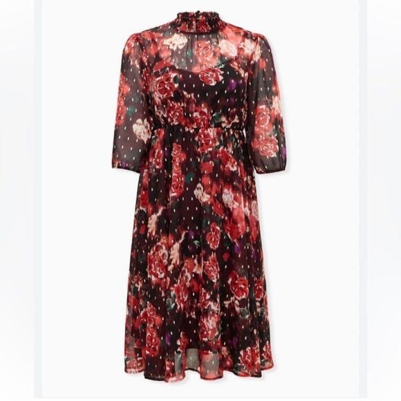 torrid 1 1X 14-16 Burgundy Floral Chiffon Mock Neck Quarter Sleeve Dress - Picture 3 of 16